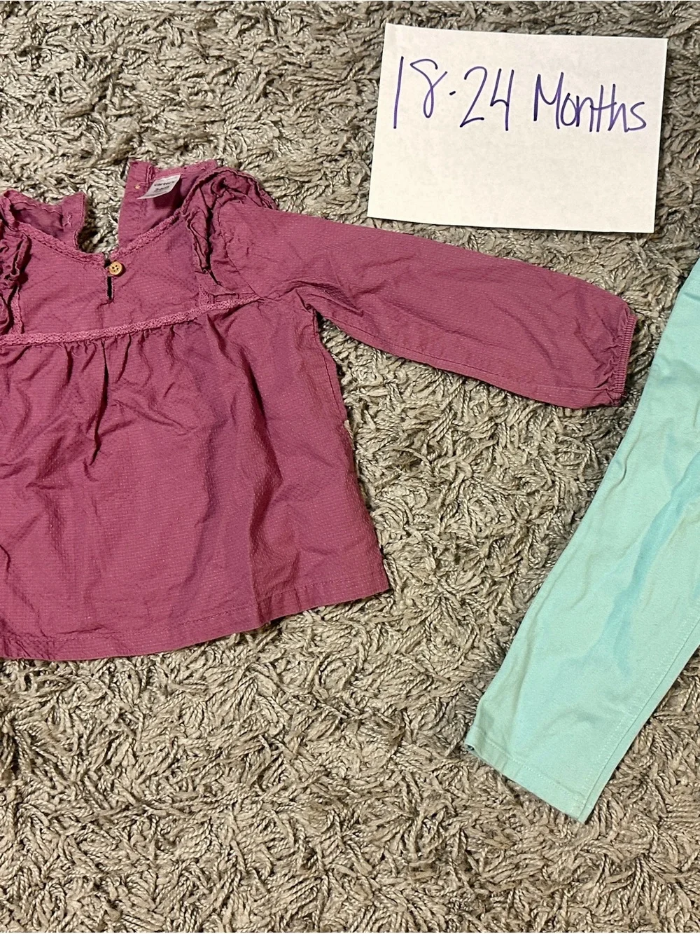 Carter's Mint Green Pants, Jeans, Mauve Top and White Long Sleeve Shirt